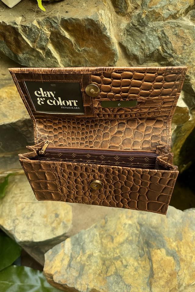 Crocodile Print Leather T Purse Brown