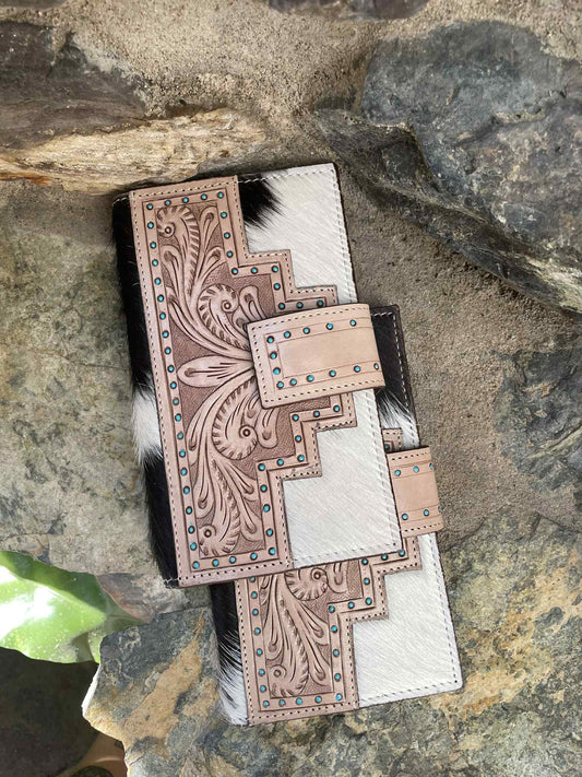Geometric Tooled Black & White Cowhide Leather Purse