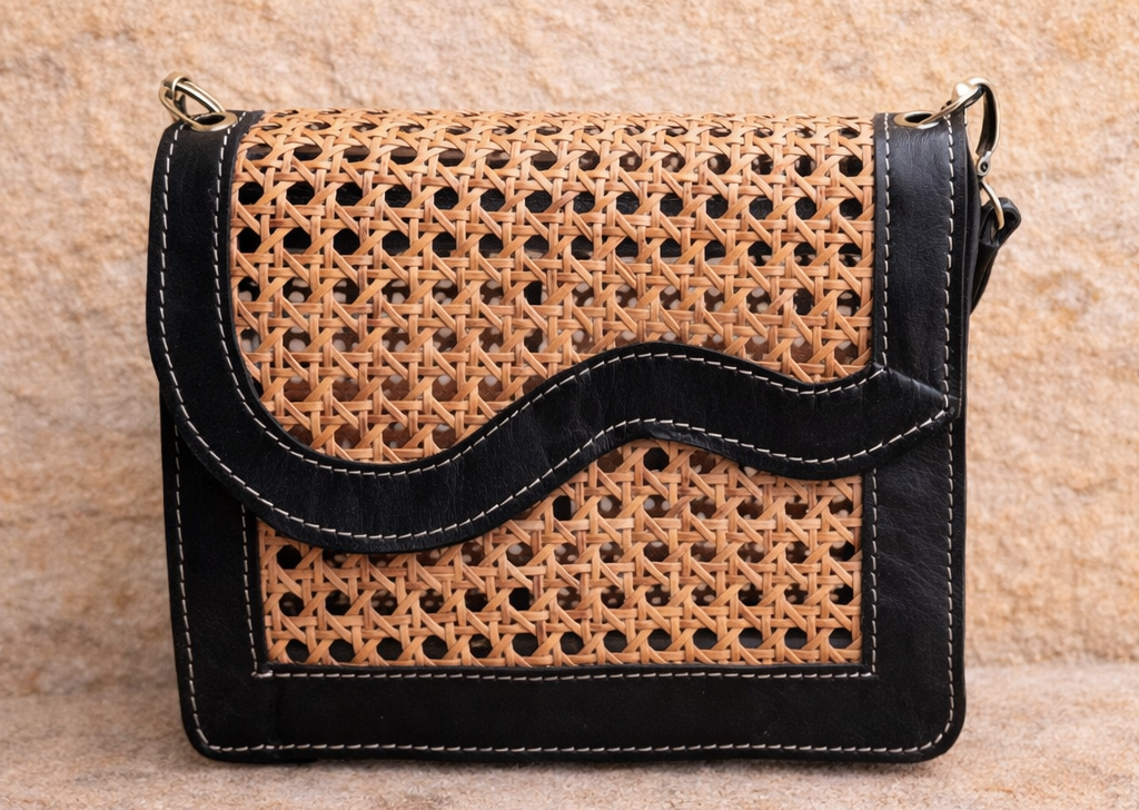 Black Rattan Tote Handbag