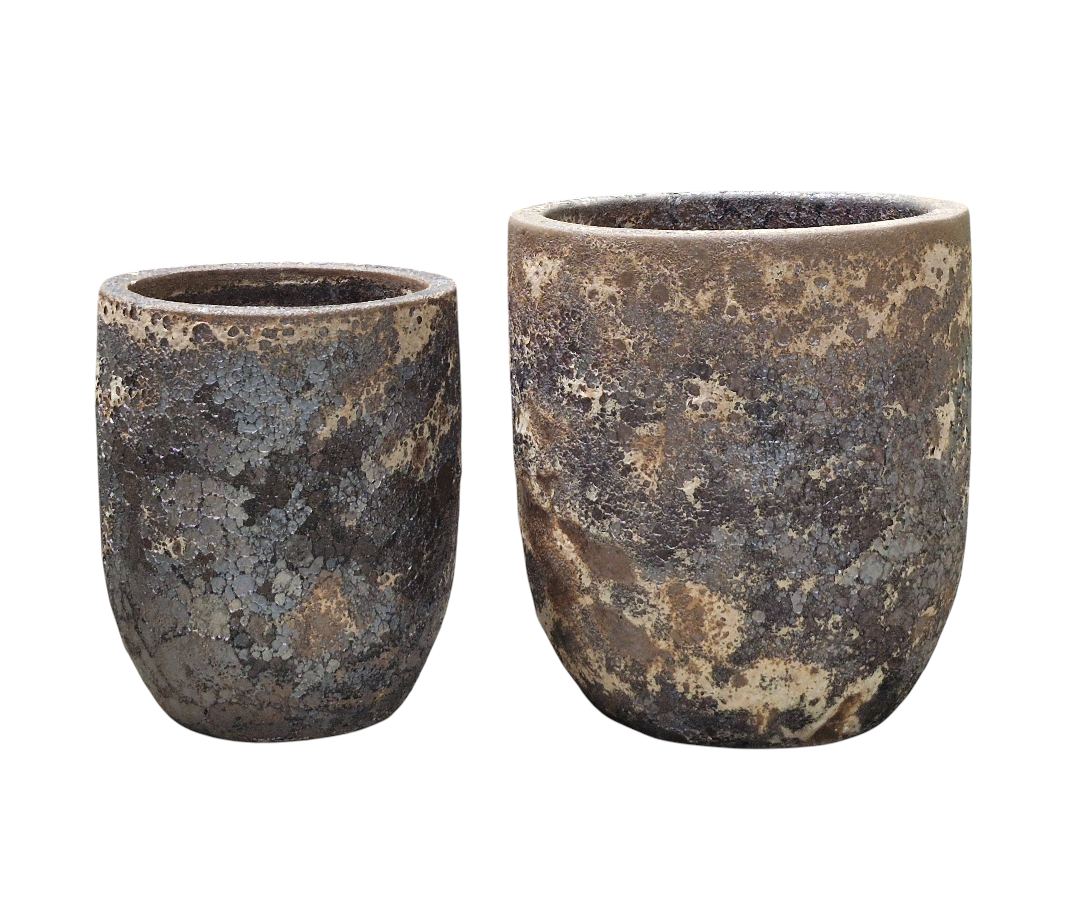 Two rustic ceramic pots on a white background
