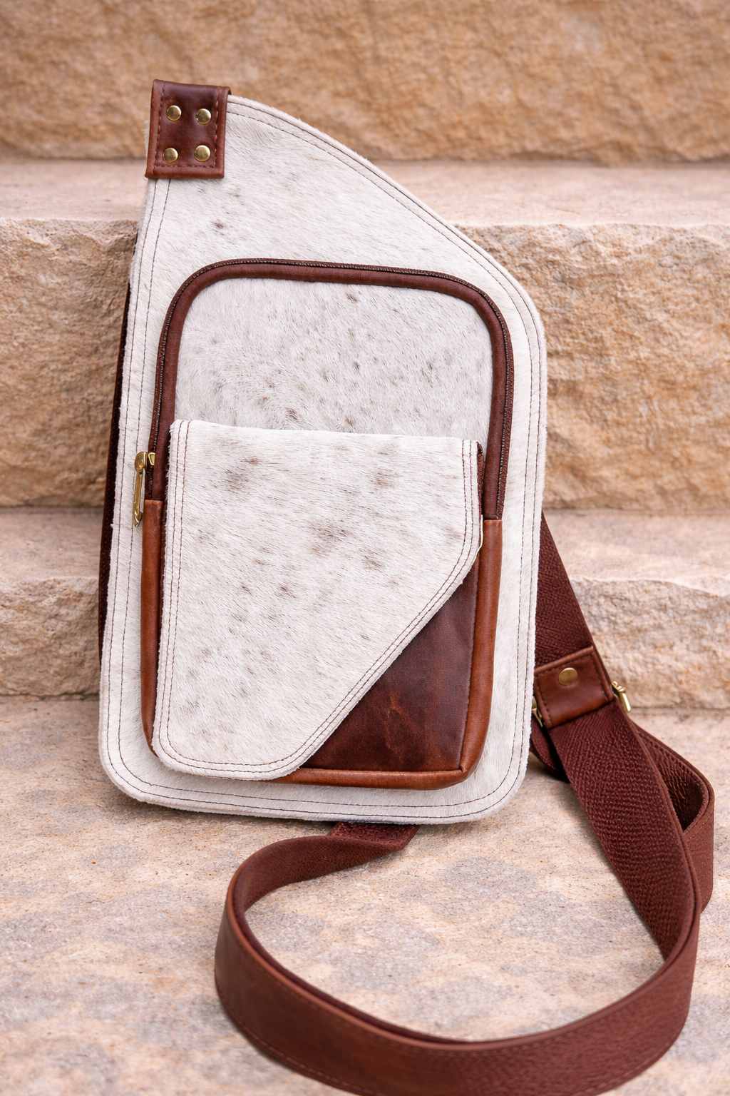 Brown and White Cowhide Cross Body Bag