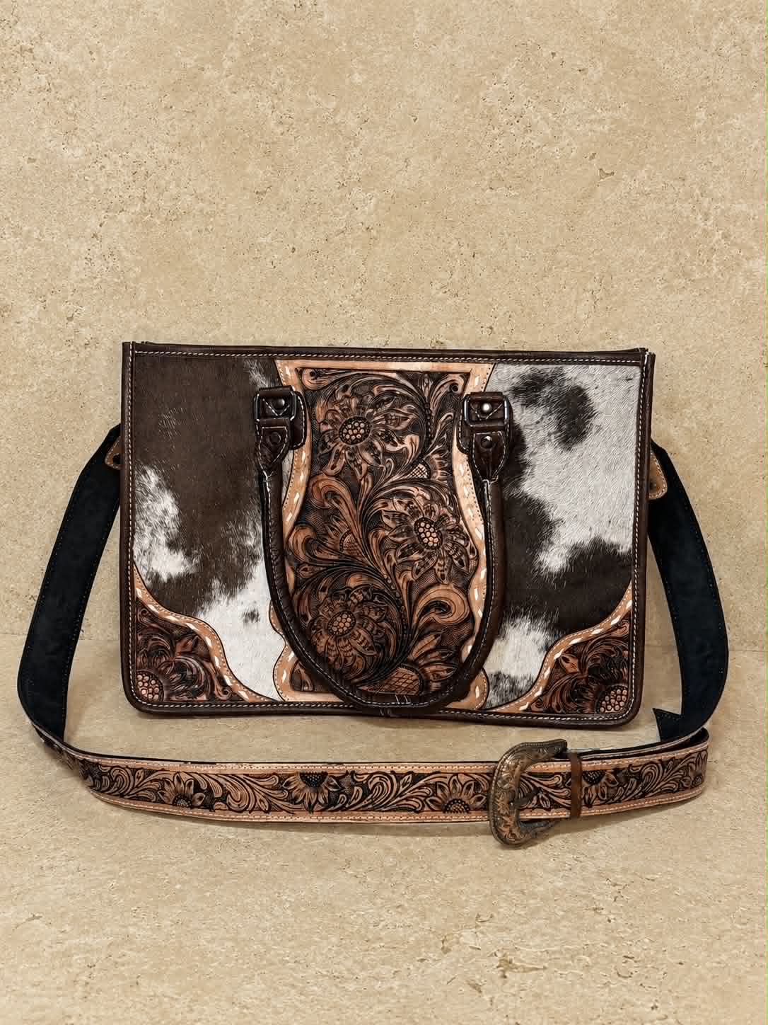 Centre Tooled Floral Brown & White Leather & Cowhide Tote