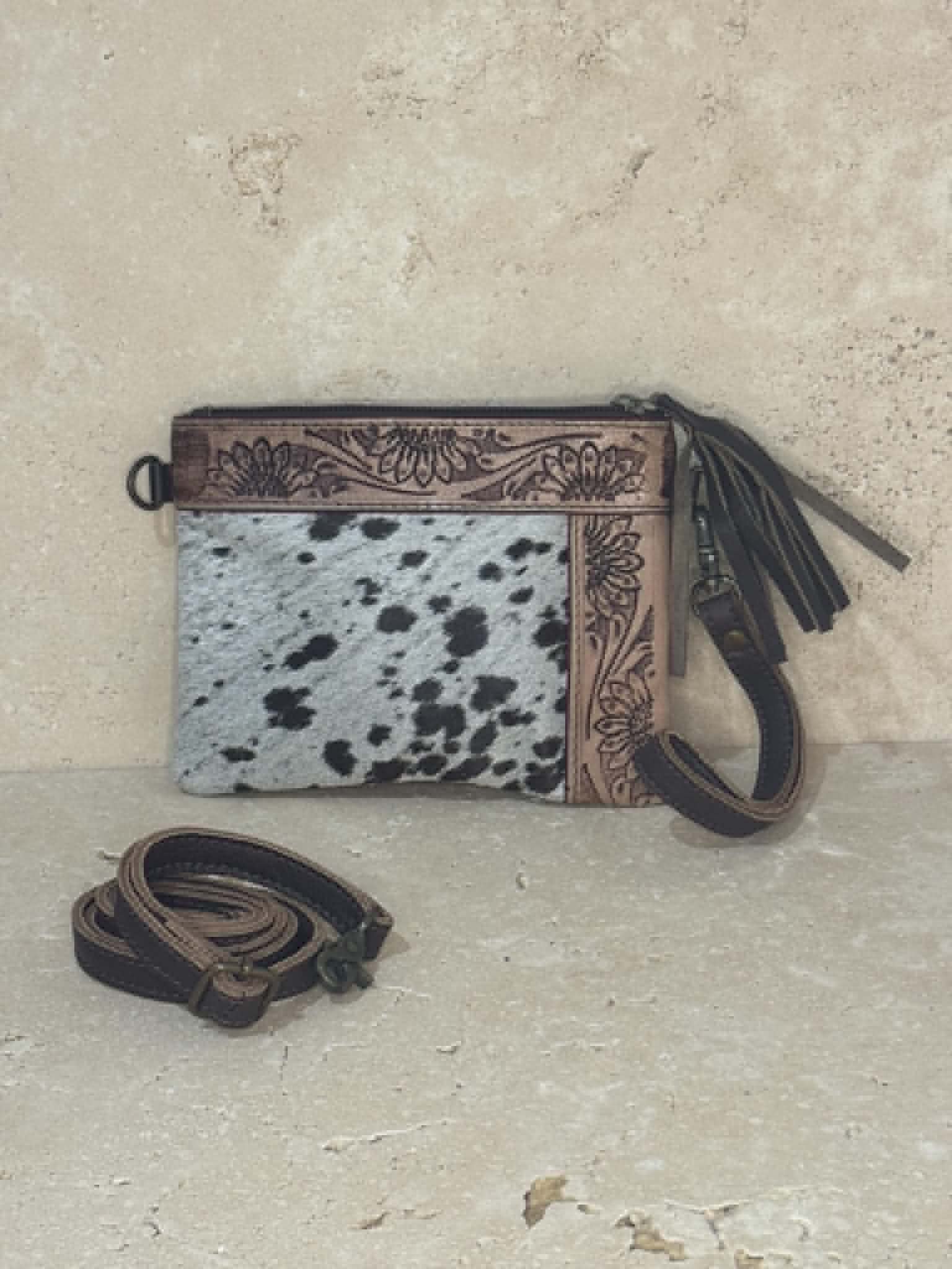 Brown And White Cowhide Floral Tooled Leather Handbag