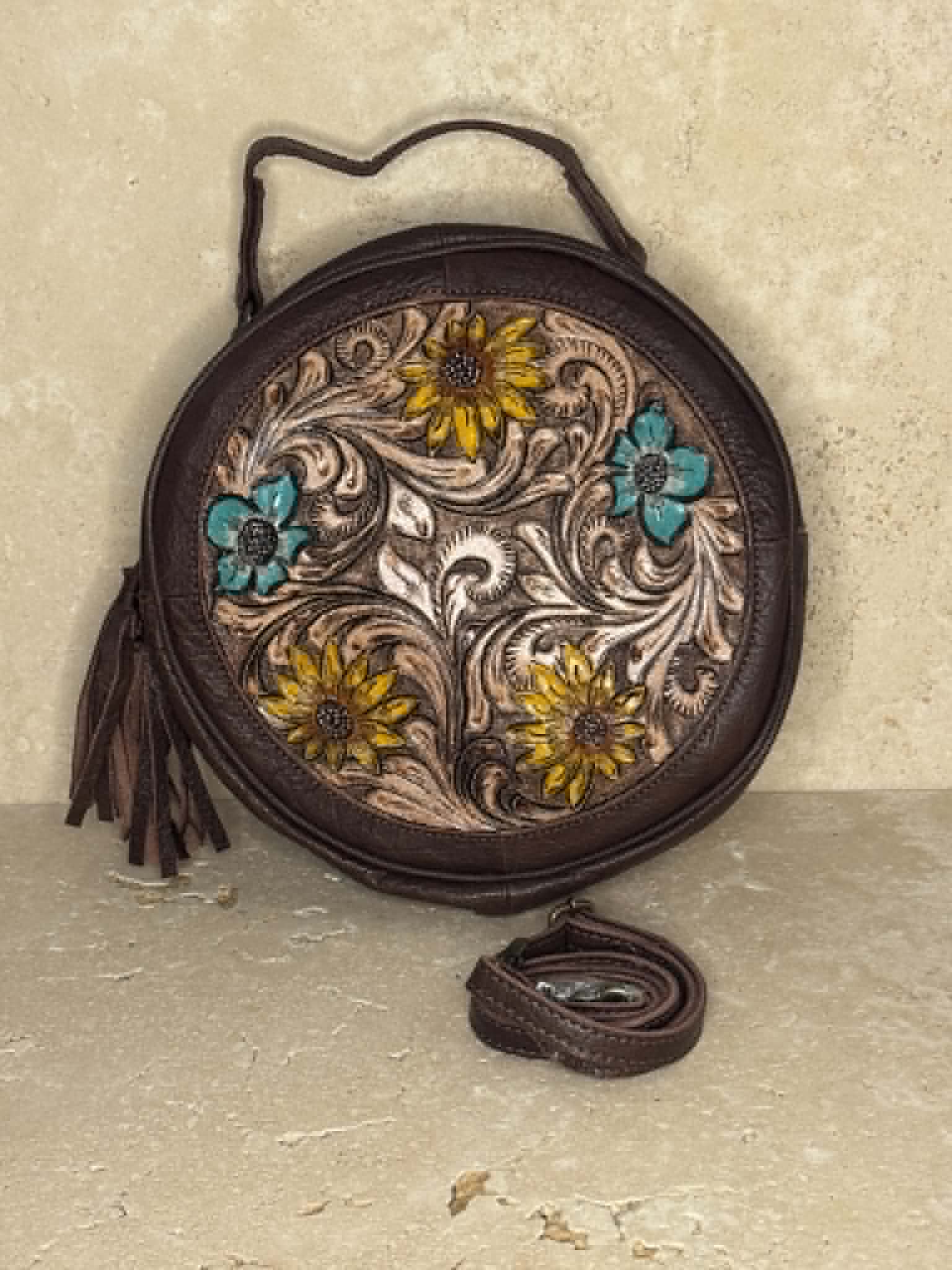 Floral Tooled Brown  Leather Handbag