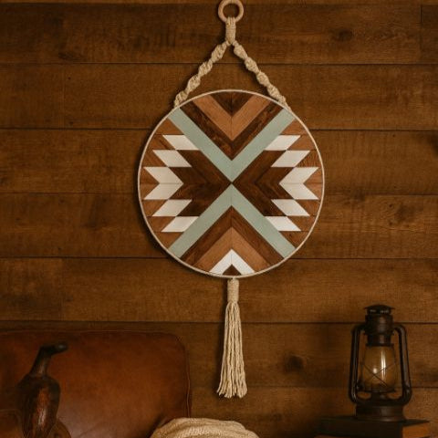 Round Handmade Wooden Aztec Design Wall Hanging