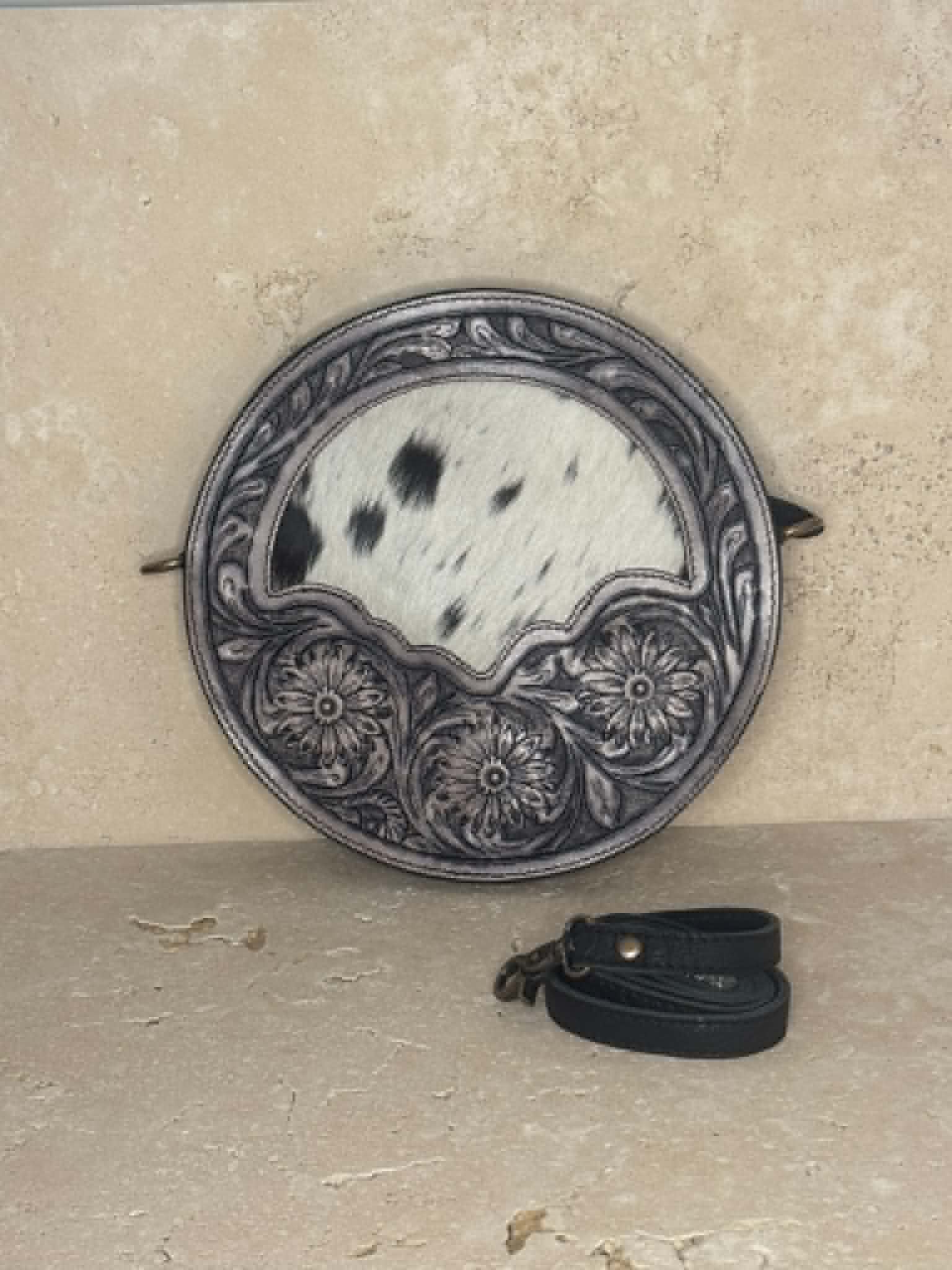 Medium Round Black and White Cowhide Tooled Leather Handbag