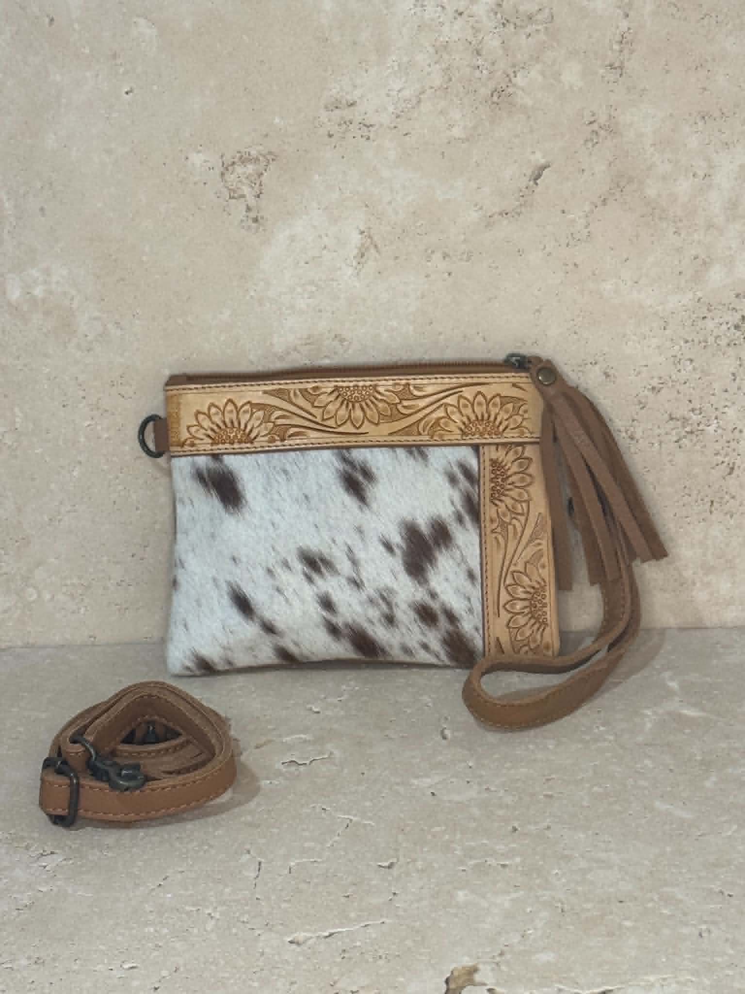 Tan And White Cowhide Floral Tooled Leather Handbag
