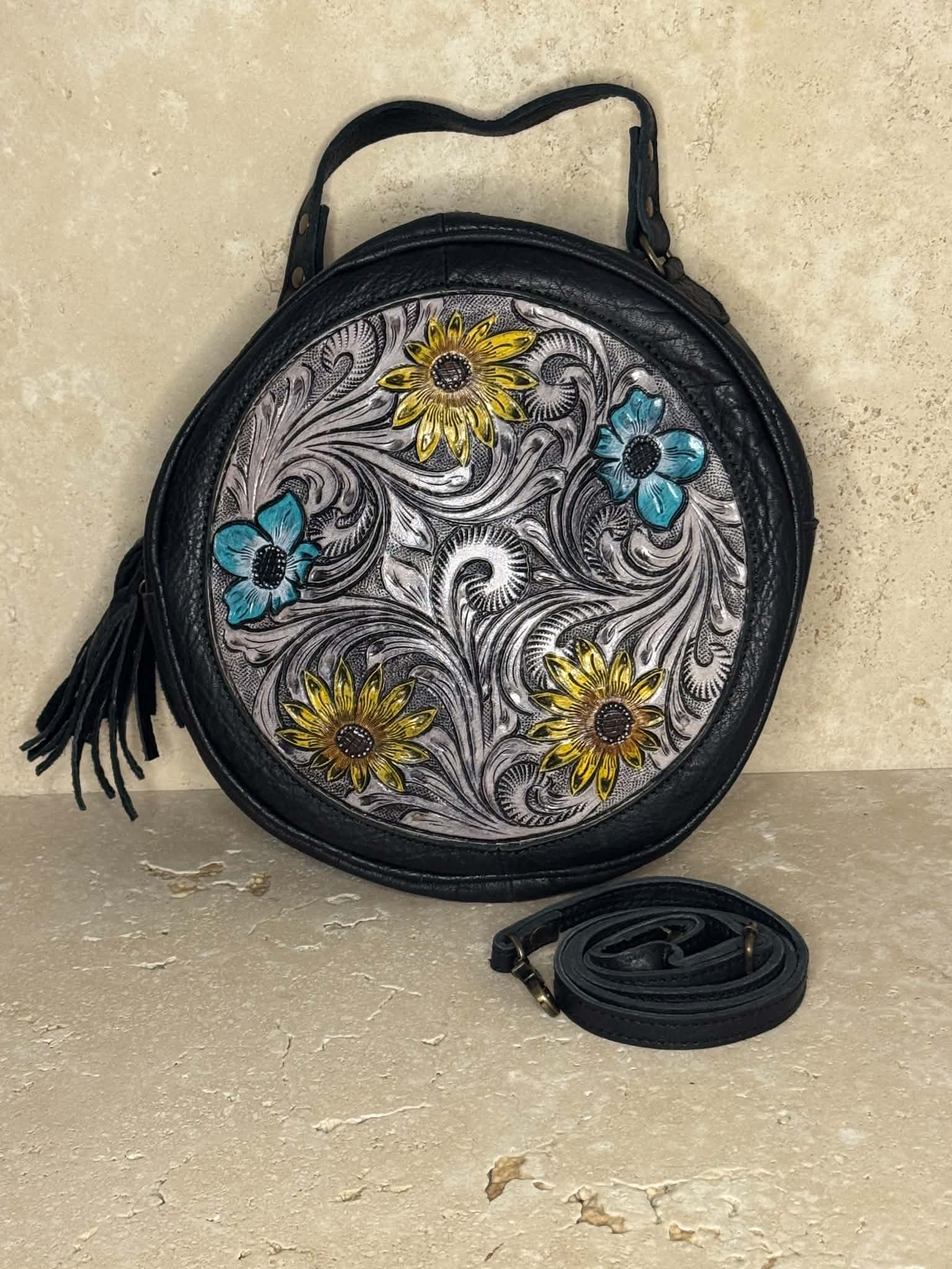 Floral Tooled Black Leather Handbag